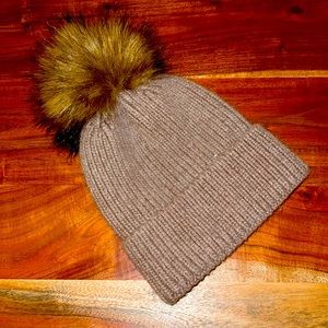 Norla - Heather Brown Beanie w/Faux Fur Pom Pom